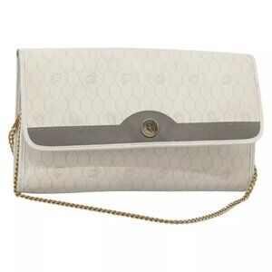 Christian Dior Honeycomb Canvas Chain Shoulder Bag PVC Leather White Auth